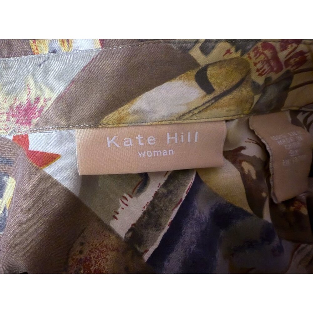 Y2K Kate Hill Blouse 3X Travel Trains Planes 1920s Graphic Lagenlook 100% Silk - Picture 8 of 10